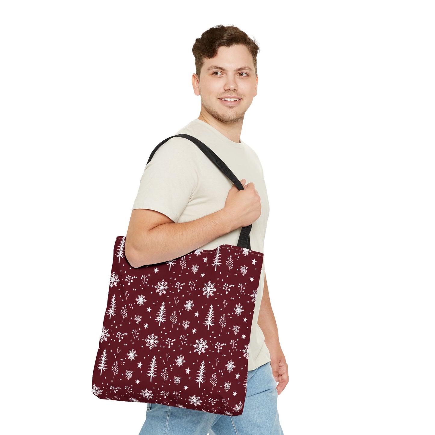 Christmas Snowflake Tote Bag – Burgundy Holiday Patterned Carryall