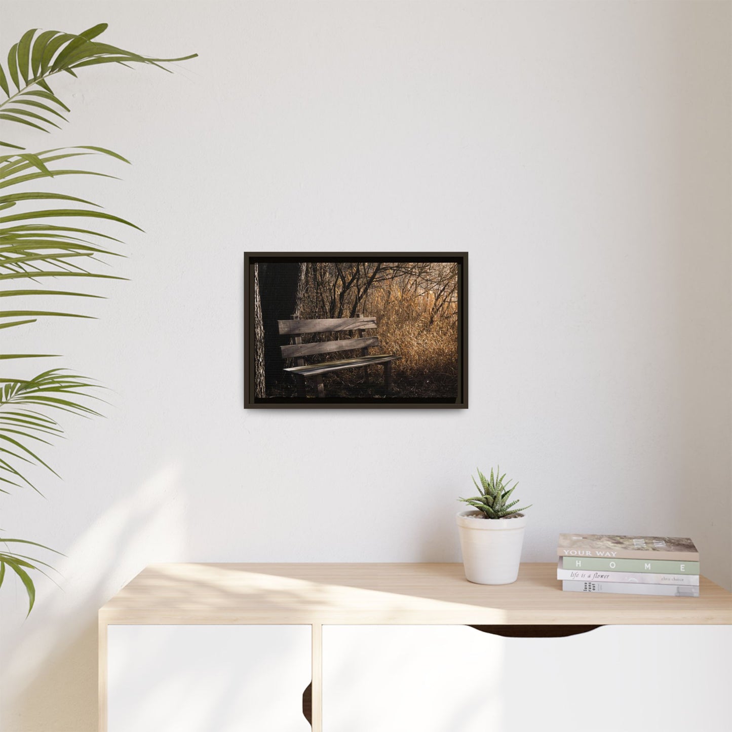 Framed Matte Canvas Print — Autumn Park Bench Photography