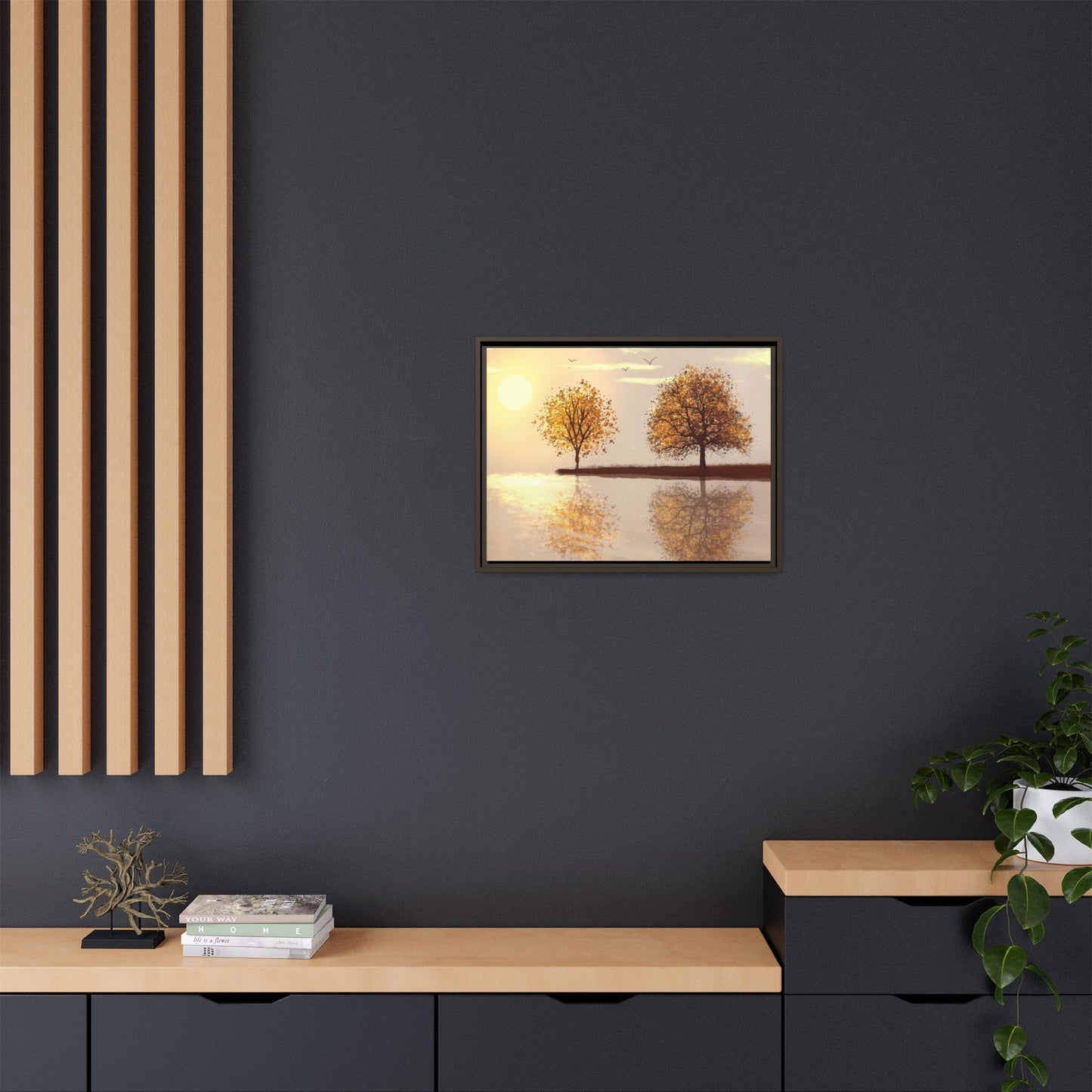 Framed Matte Canvas Wall Art — Golden Autumn Trees Reflection