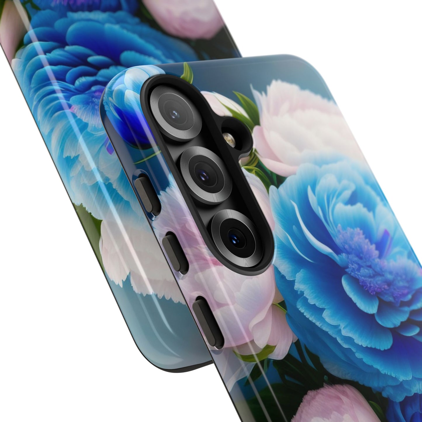 Floral Blue Peony Phone Case — Protective Tough Case with Pink & Blue Blooms