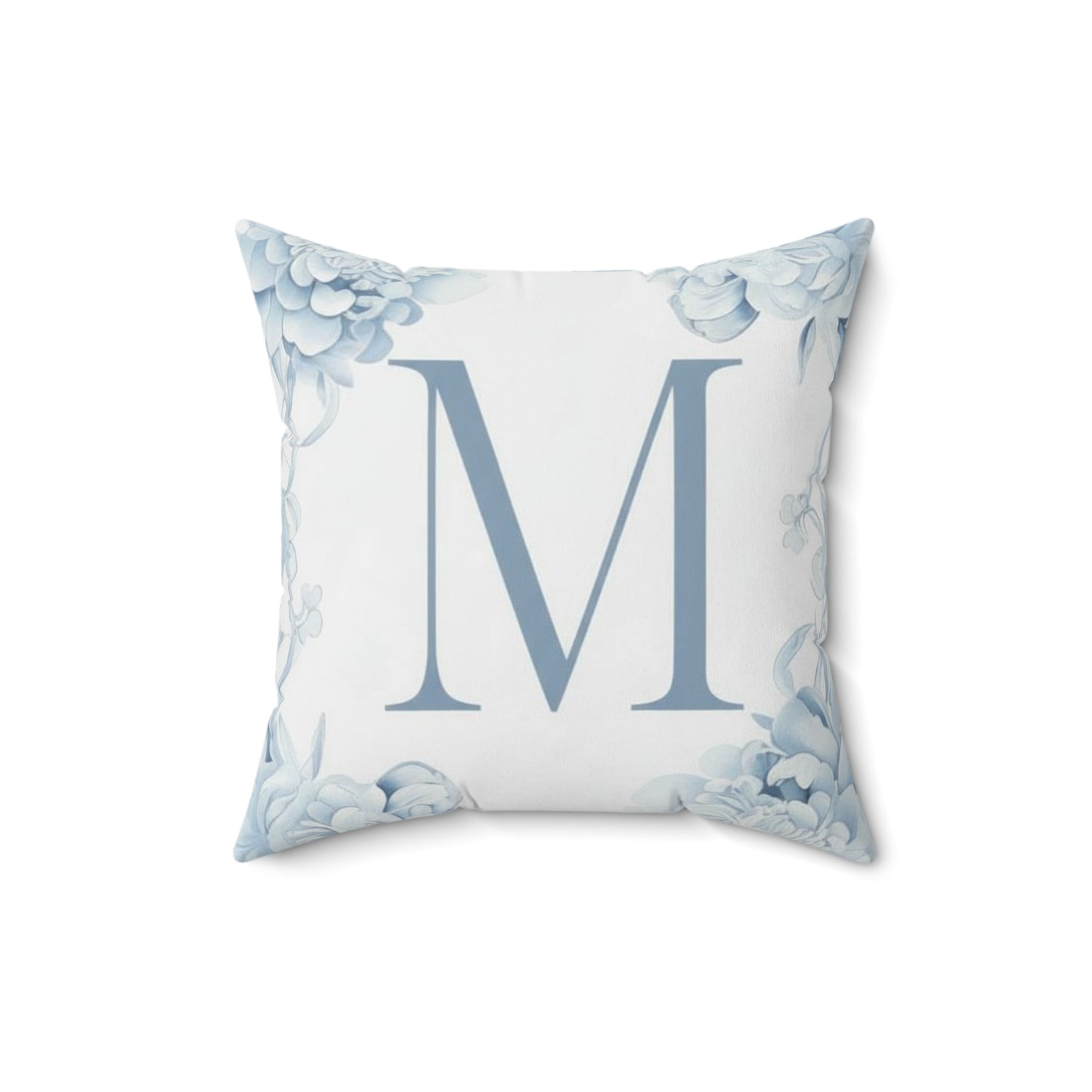 Monogram M Floral Pillow — Blue Initial Throw Pillow with insert