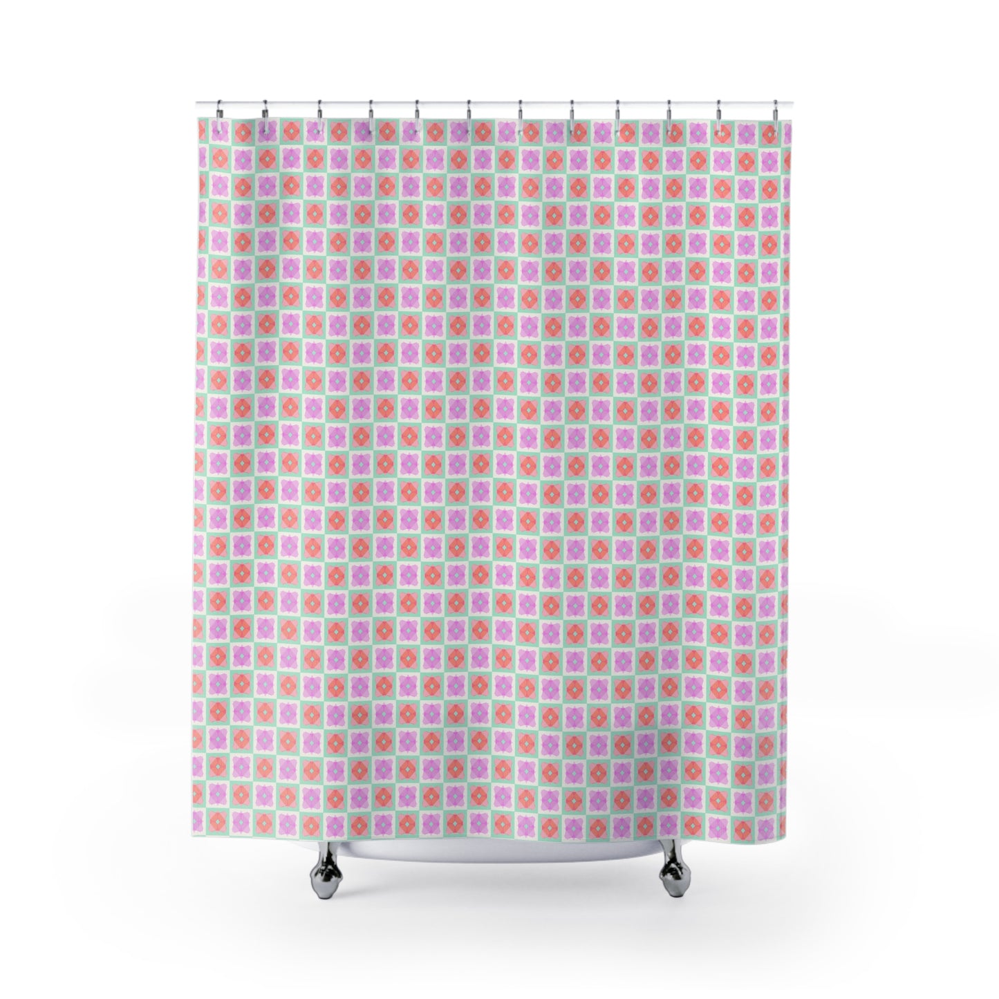 Floral Tile Shower Curtain — Pastel Pink & Mint Geometric Bathroom Decor