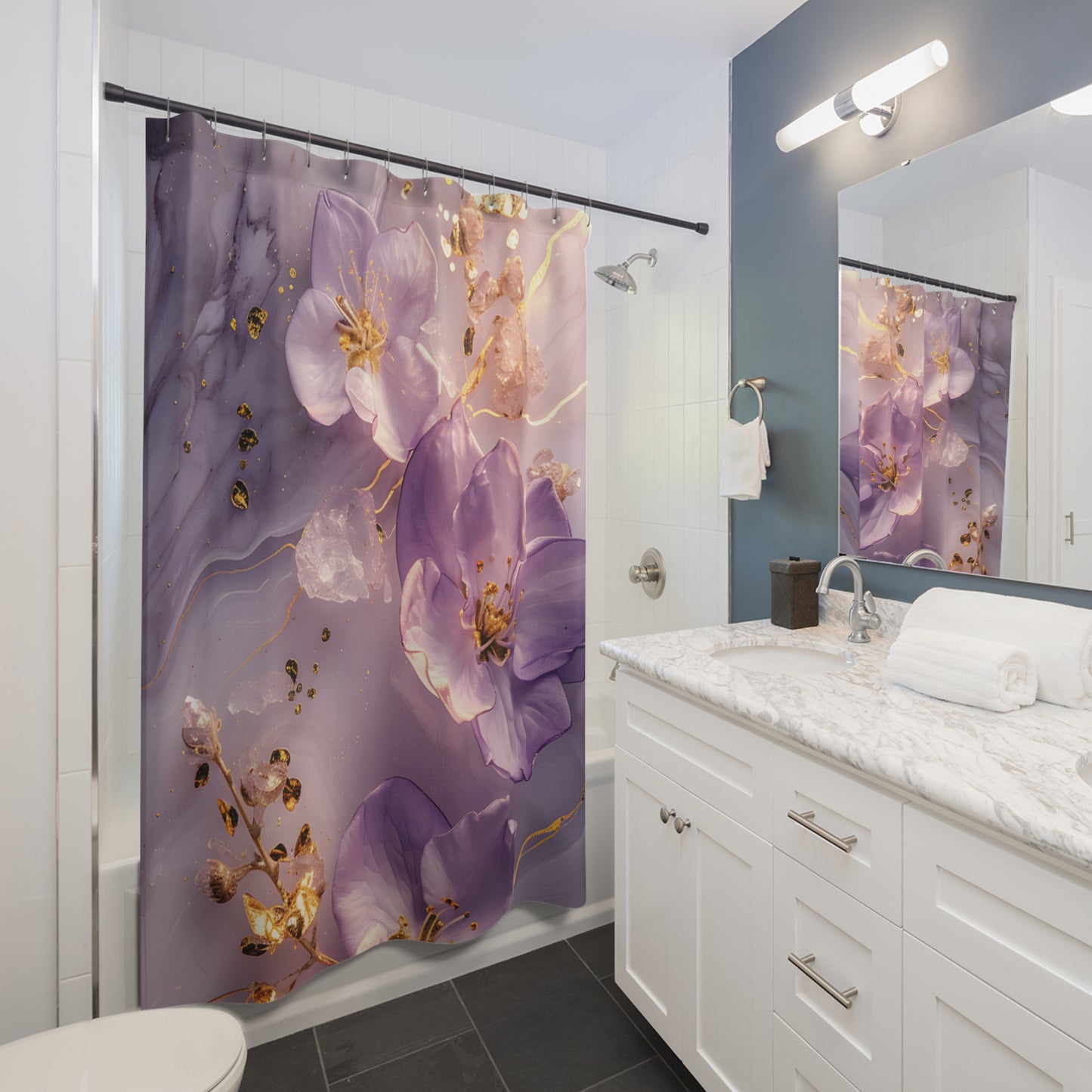 Floral Purple Blossom Shower Curtain — Elegant Gold Accent Bathroom Decor
