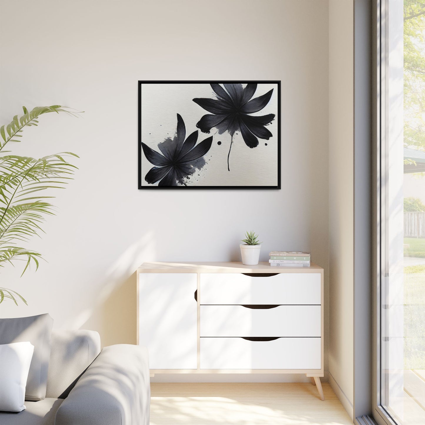 Framed Black Floral Matte Canvas Wall Art — Monochrome Botanical Print