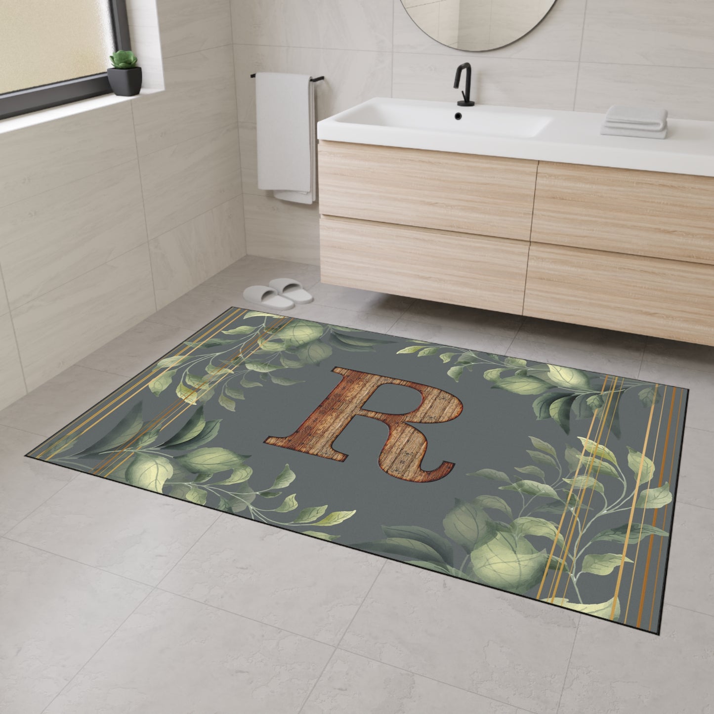 Personalized Monogram Floor Mat - Rustic Wood 'R' with Greenery Welcome Rug - Letter R