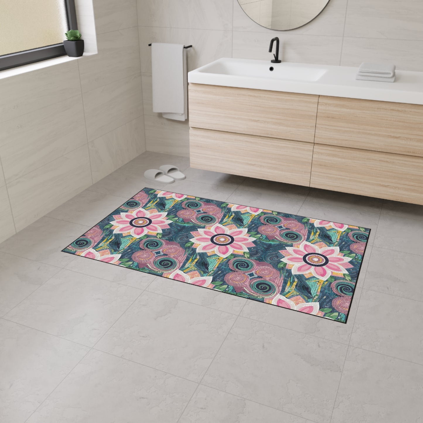 Floral Boho Heavy-Duty Floor Mat — Pink Lotus Pattern Rug