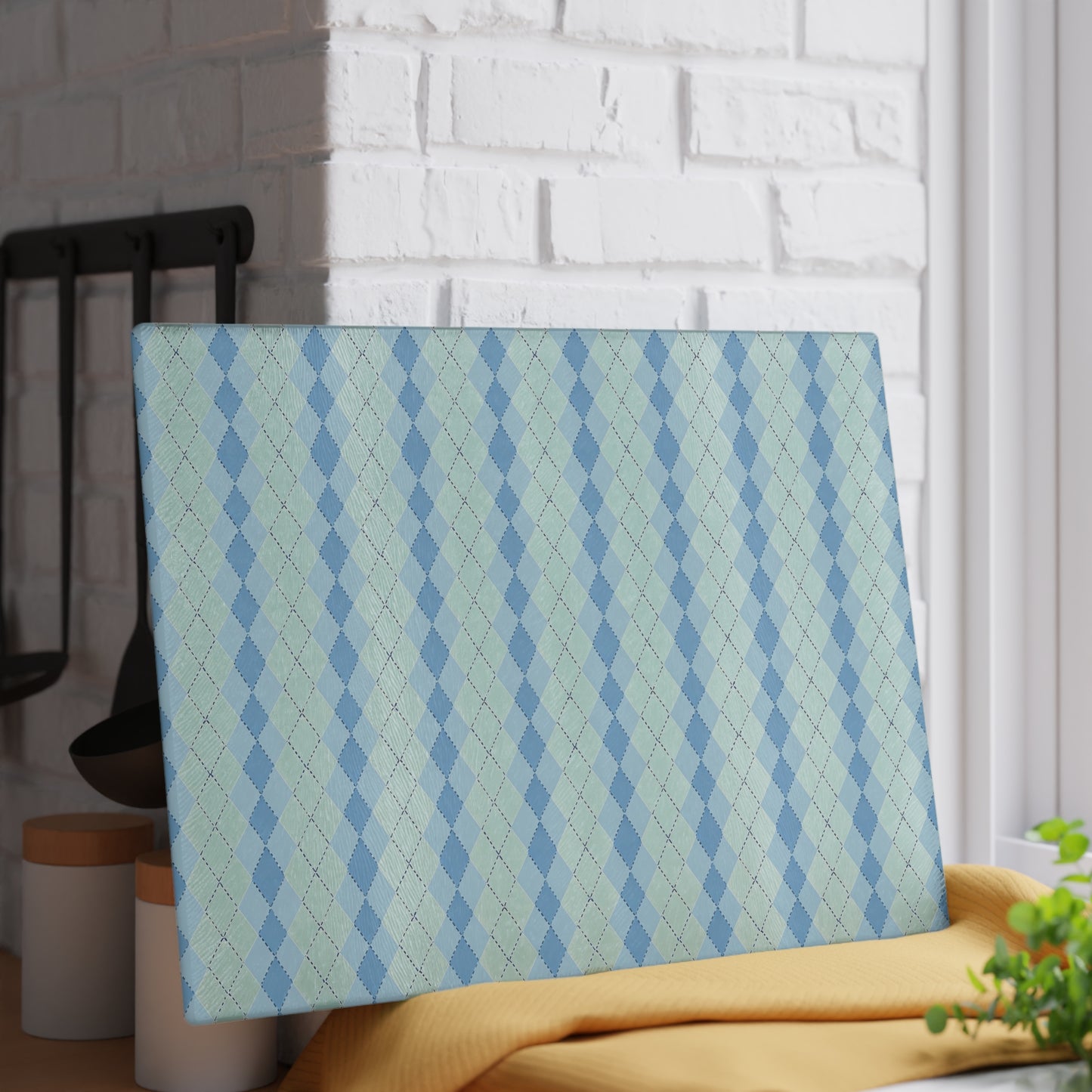 Argyle Pattern Glass Cutting Board — Blue Pastel Kitchen Prep Board