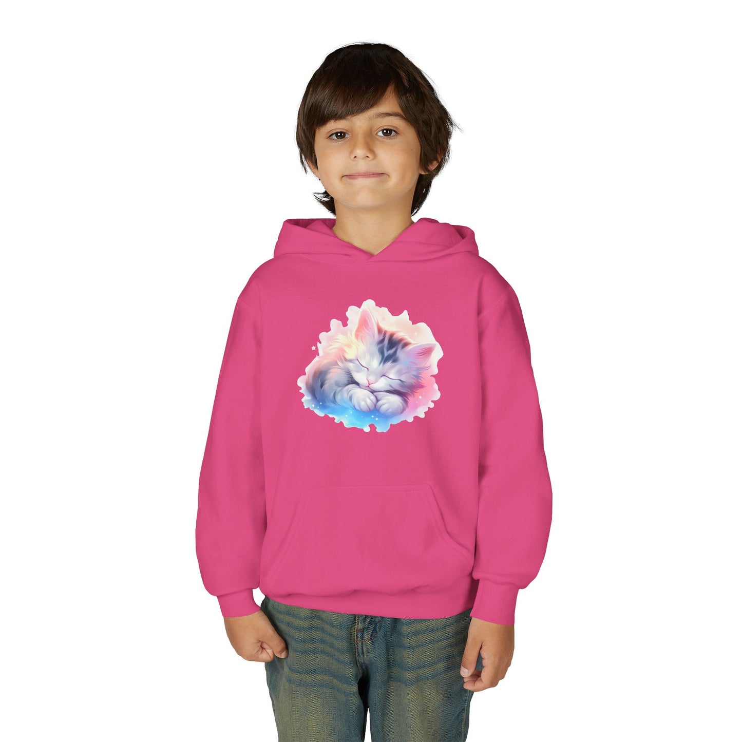 Kids' Cozy Rainbow Kitten Hoodie — Cute Sleeping Cat Youth Sweatshirt