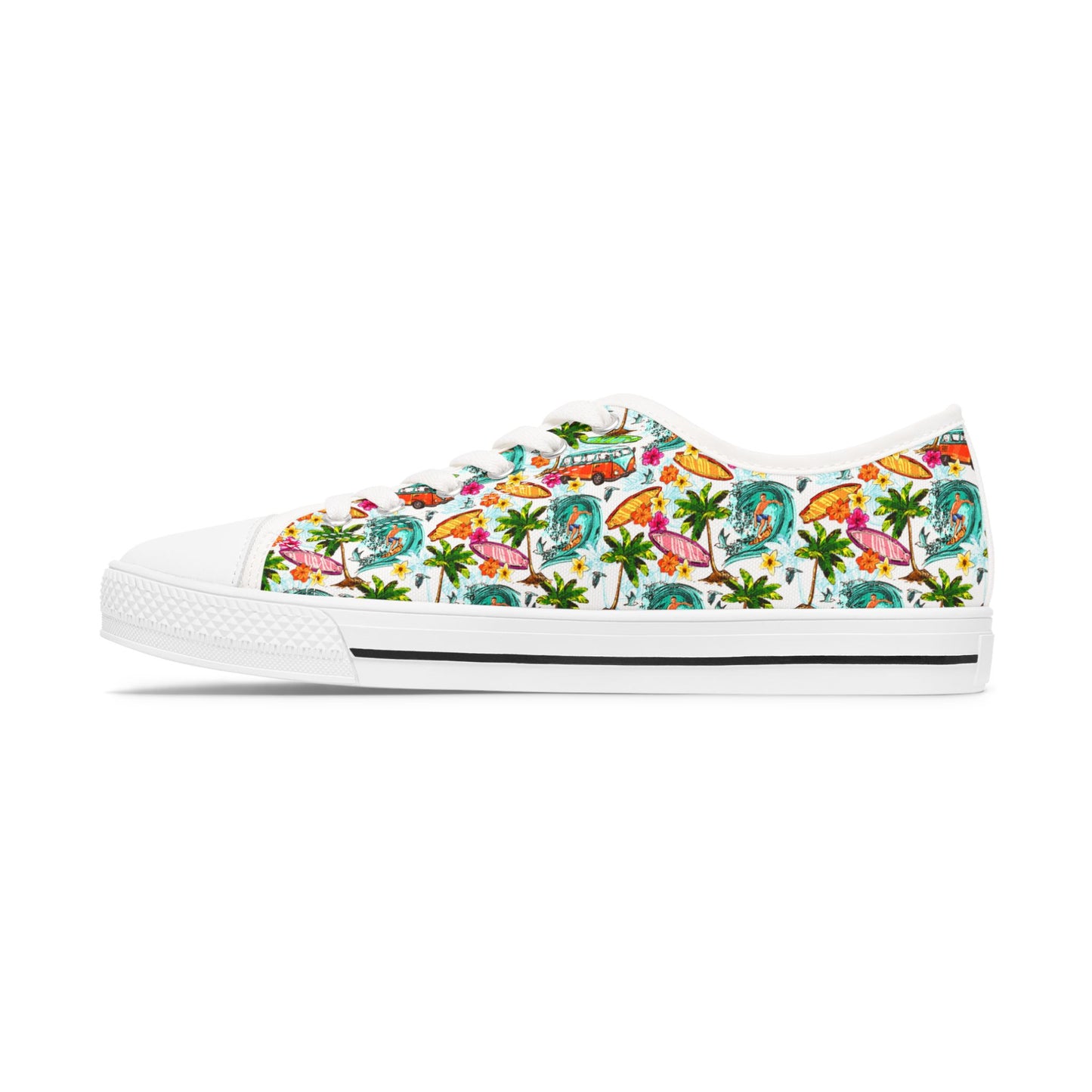 Tropical Floral Low Top Sneakers — Women's Colorful Palm & Hibiscus Print