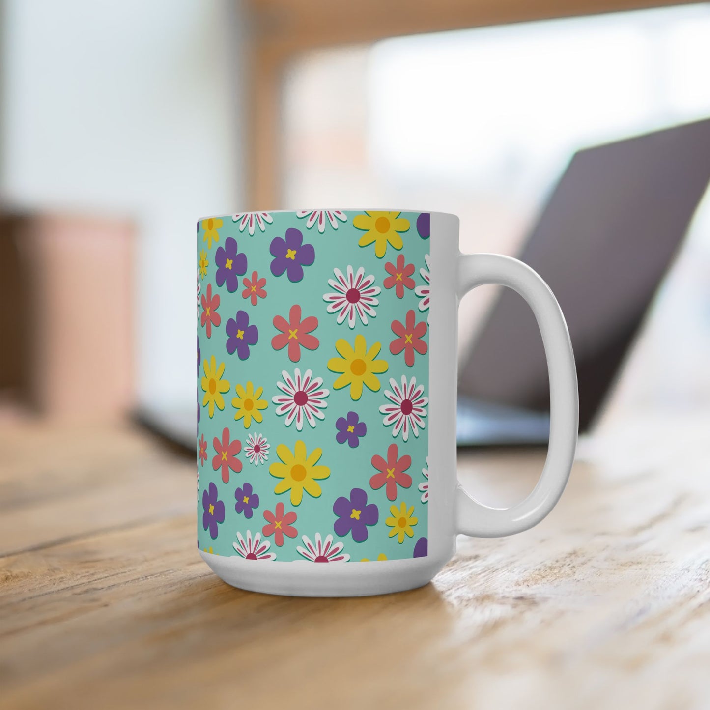 Turquoise Floral Pattern Mug — Colorful Daisy Coffee Cup (11oz & 15oz)