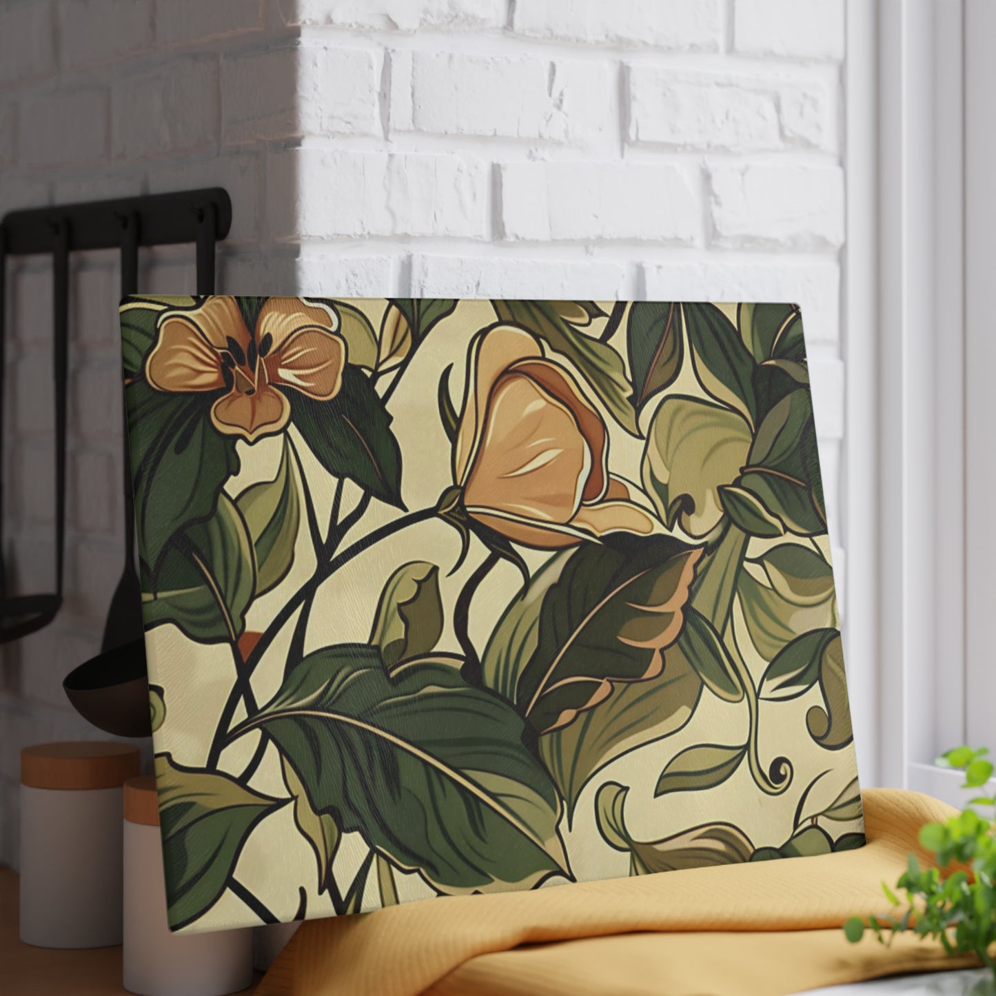 Floral Vine Glass Cutting Board — Vintage Botanical Design