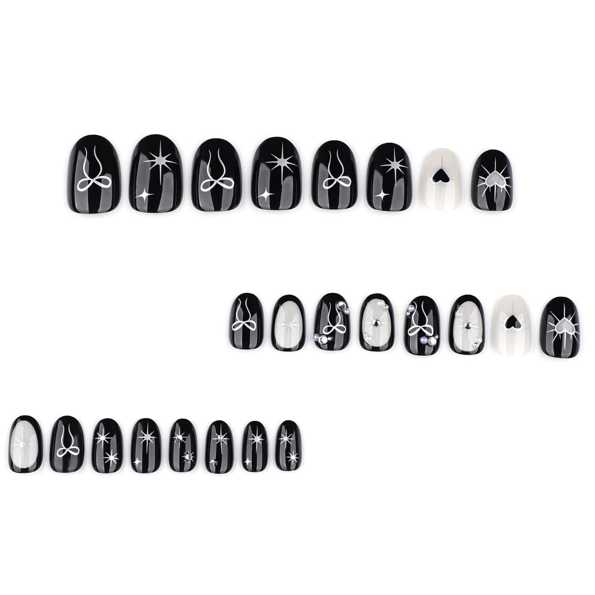 Black and White Heart Bow Nails with Pearl Accents – Image 2