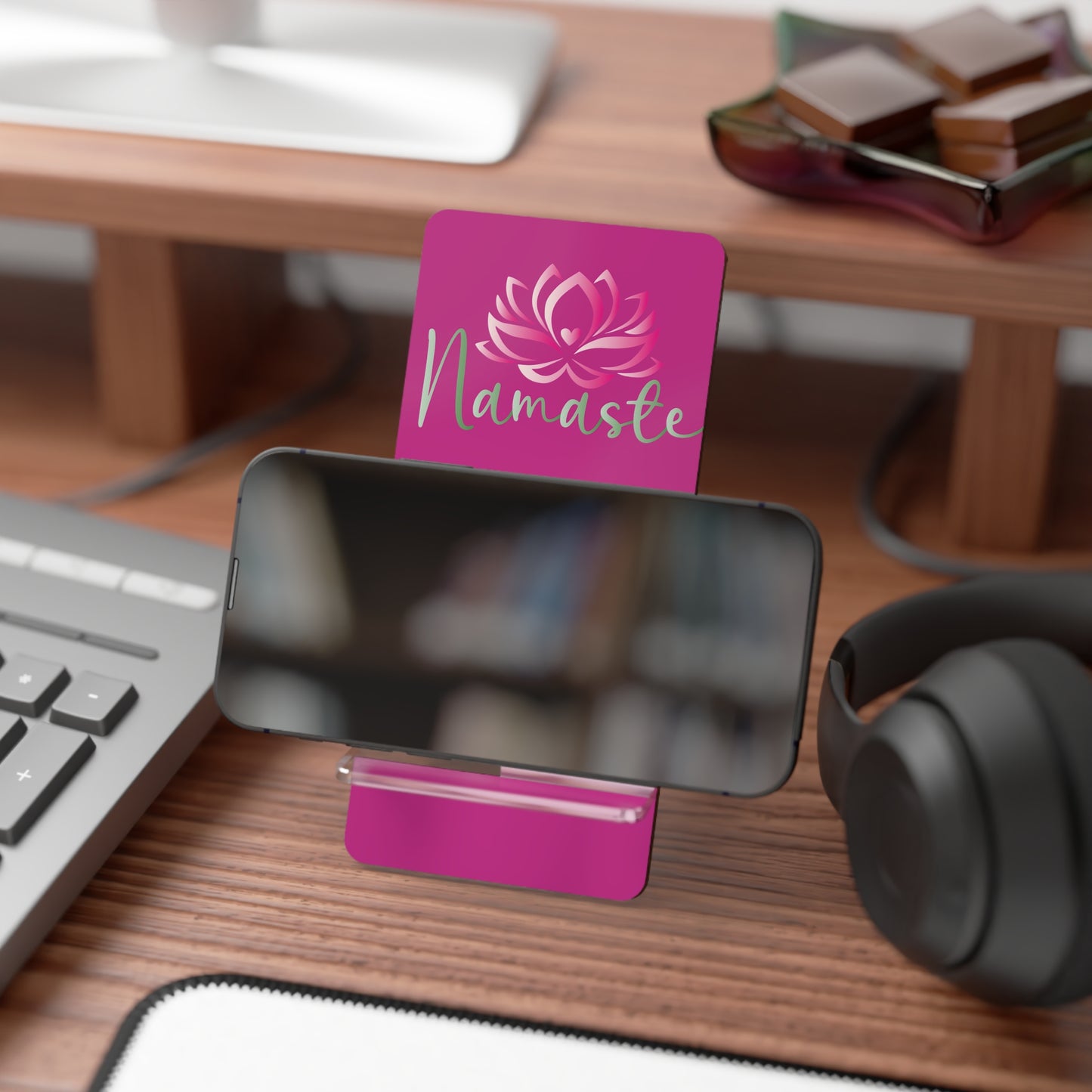 Namaste Phone Stand — Pink Lotus Mobile Display Stand for Smartphones