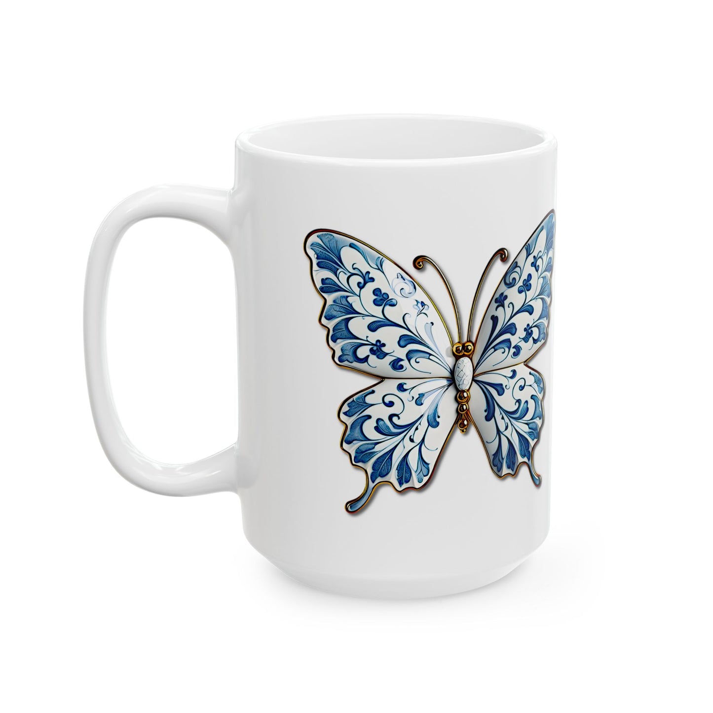 Blue Floral Butterfly Ceramic Mug — Decorative 11oz & 15oz Coffee Cup