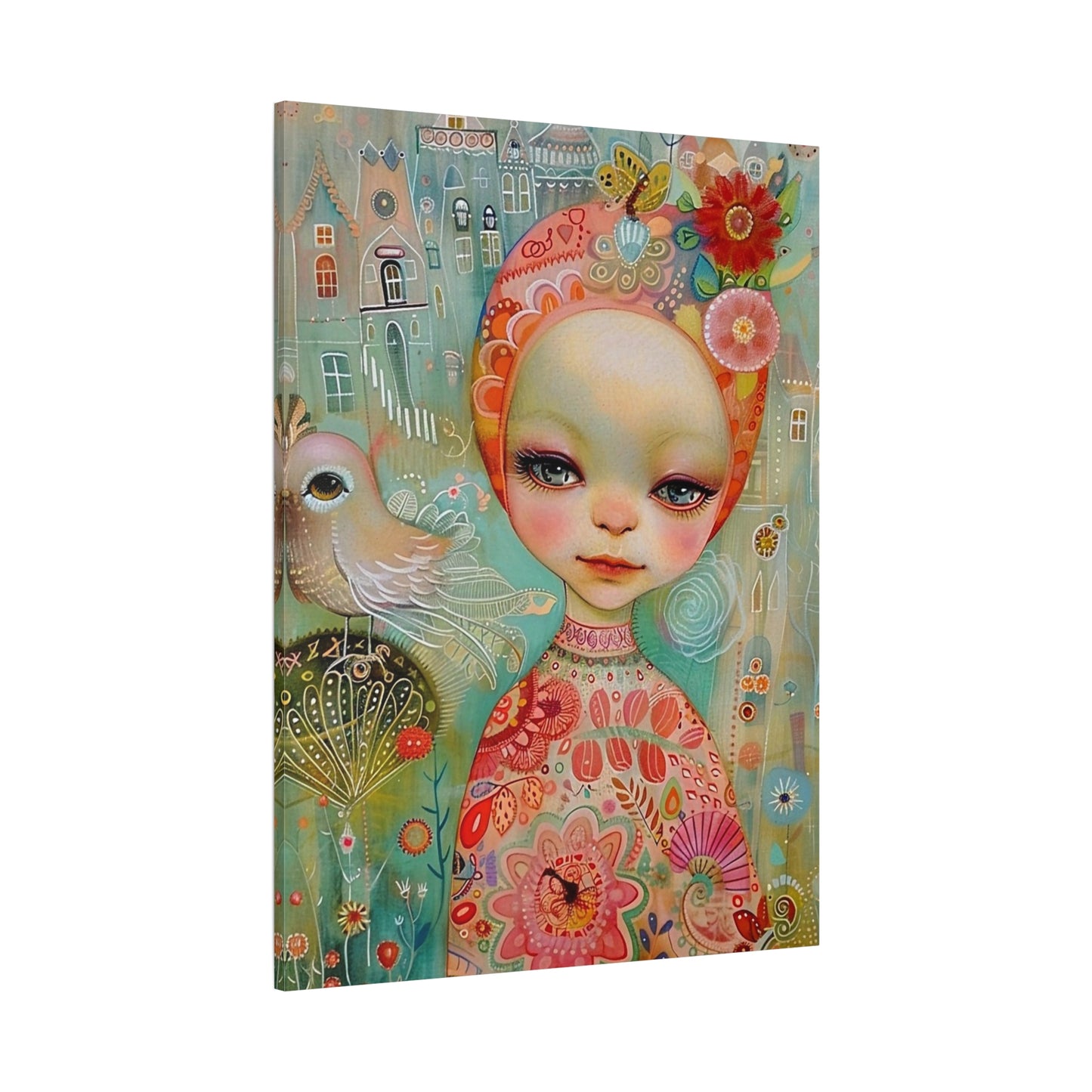 Whimsical Girl & Bird Matte Canvas Wall Art — Stretched Decorative Painting