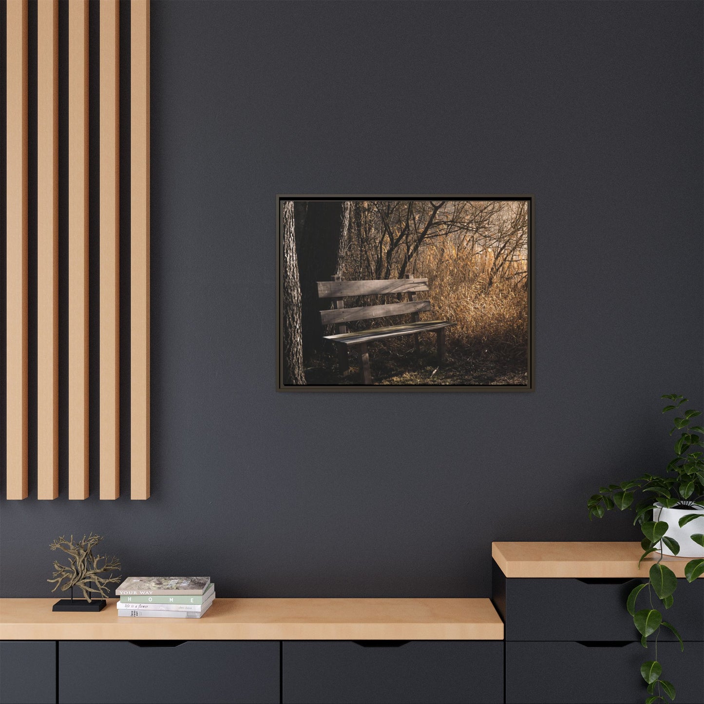 Framed Matte Canvas Print — Autumn Park Bench Photography