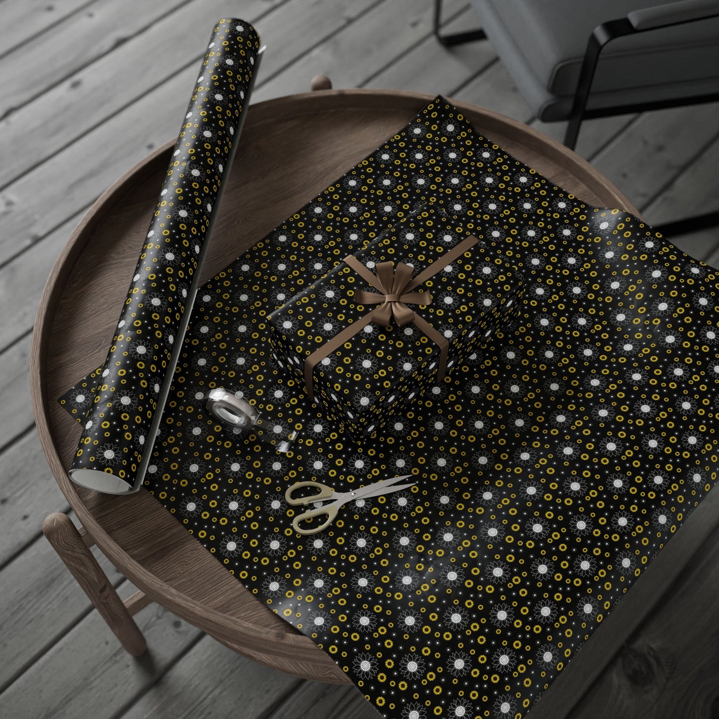 Sunflower Doodles Wrapping Paper Roll — Black & Yellow Floral Gift Wrap