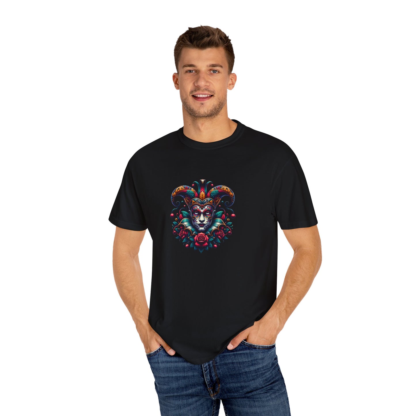 Vibrant Graphic Unisex T-Shirt with Floral Mask Design, Casual Wear, Festival Outfit, Gift for Friends, Unique Fashion Statement