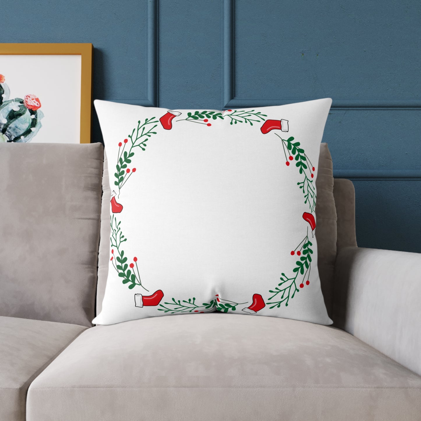 Holiday Holly Corner Square Pillow - Festive Red Berries & Greenery Throw Pillow