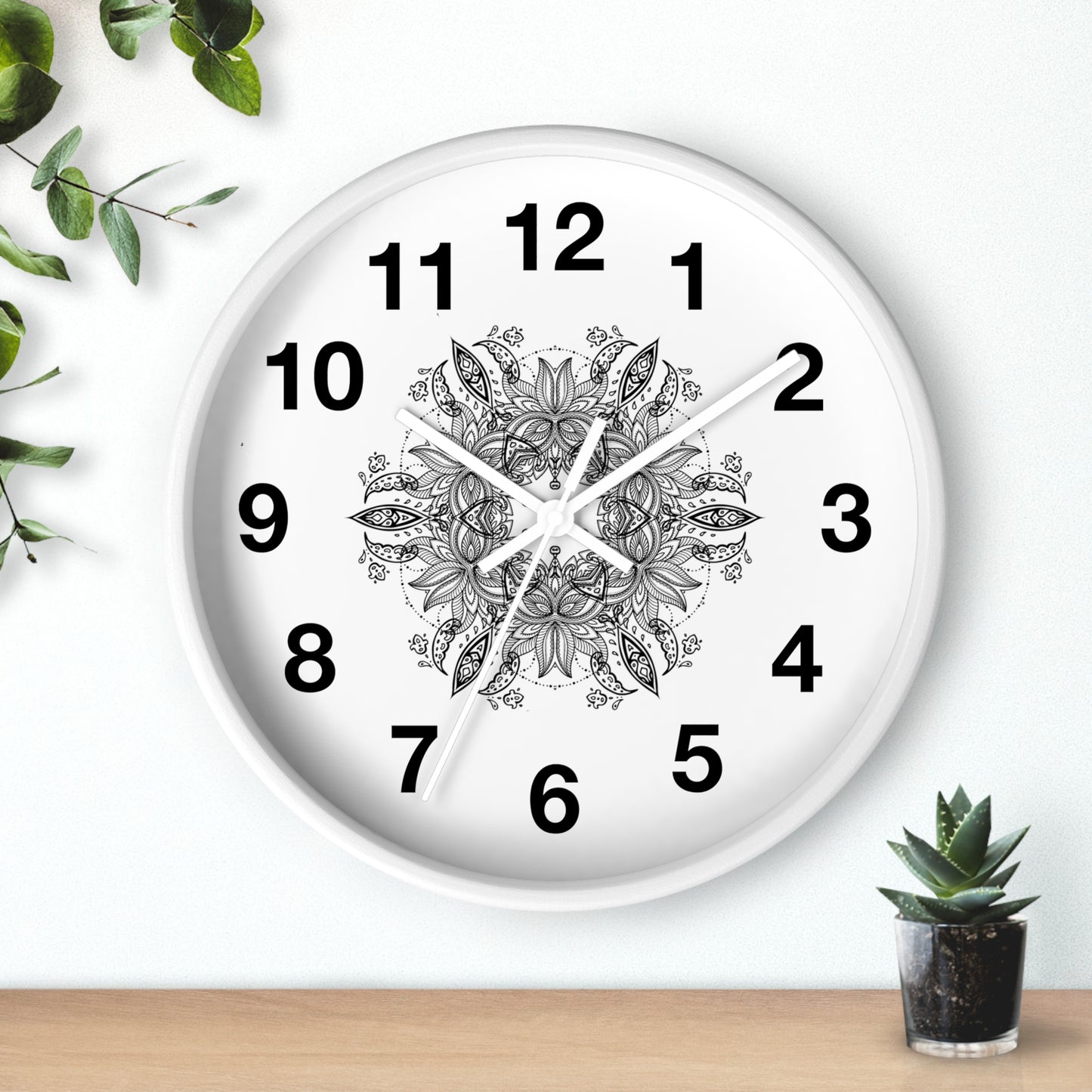 Mandala Wall Clock — Black & White Floral Boho Home Décor