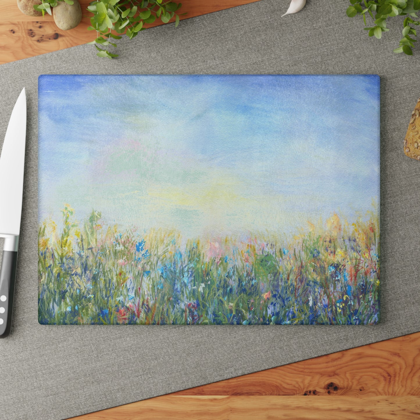 Glass Cutting Board — Soft Pastel Wildflower Meadow Print