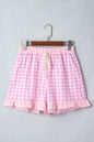 Pink Gingham Print Ruffle Striped Detail Lace Tie Shorts