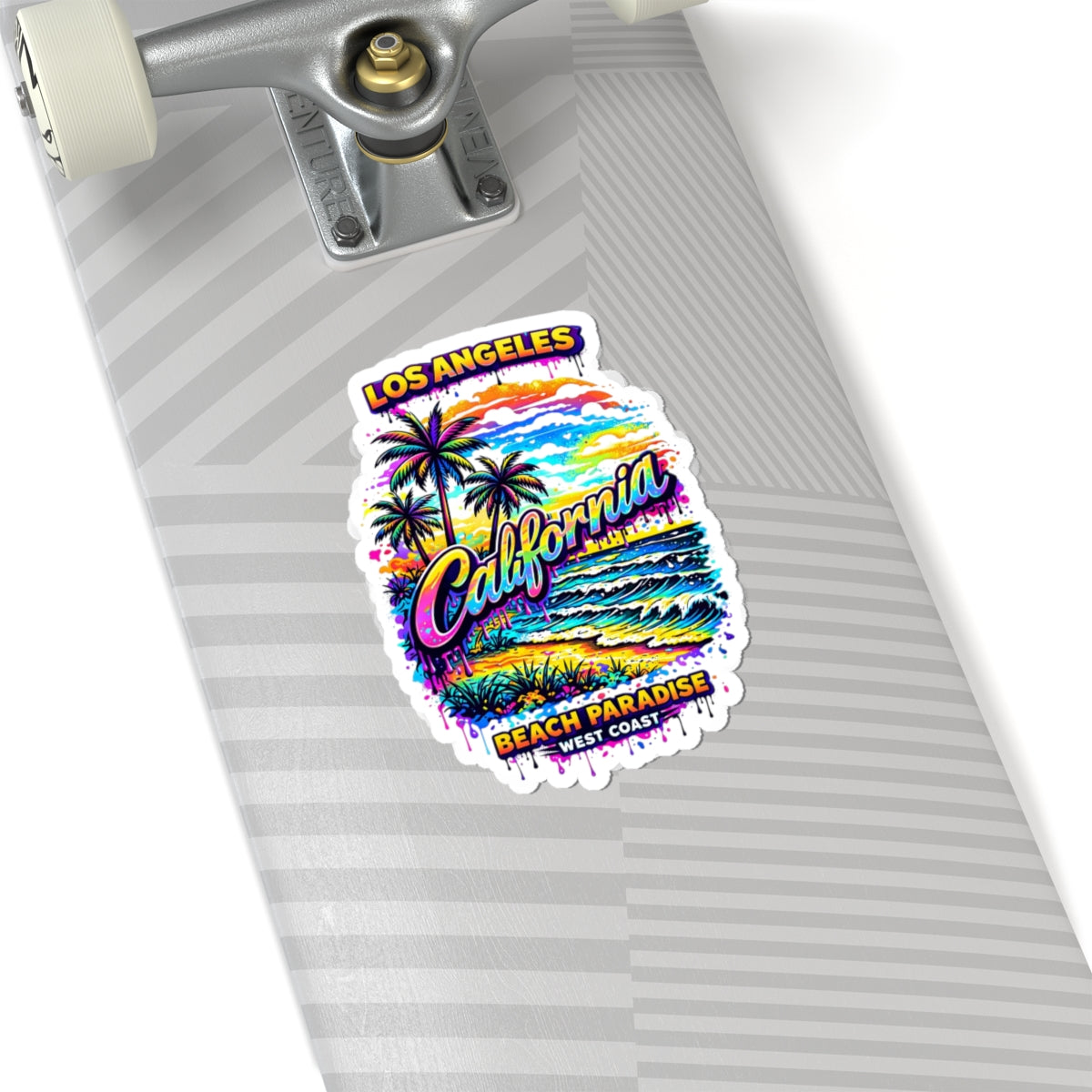 California Beach Paradise Kiss-Cut Sticker — Los Angeles Palm Tree Surf Vibes