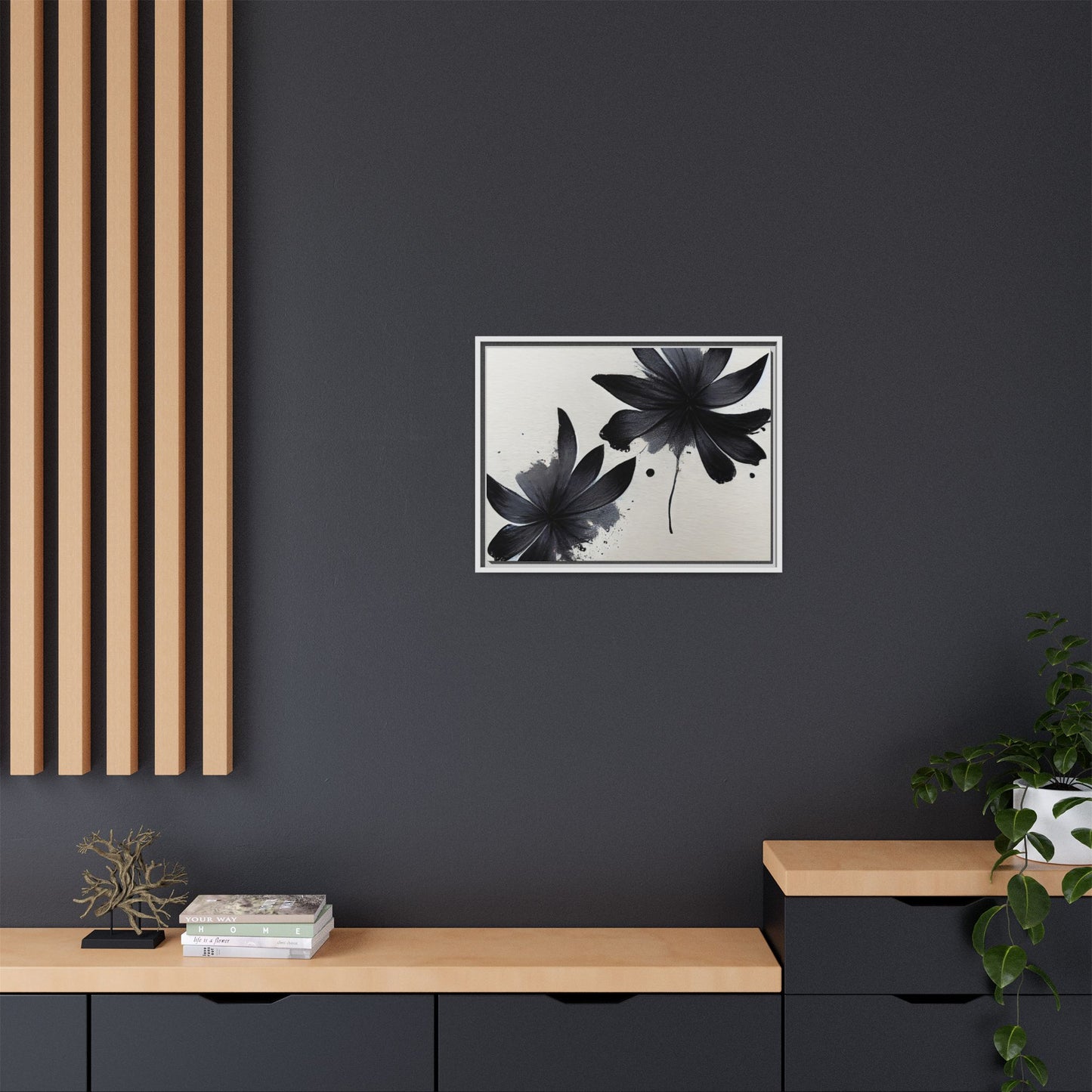 Framed Black Floral Matte Canvas Wall Art — Monochrome Botanical Print