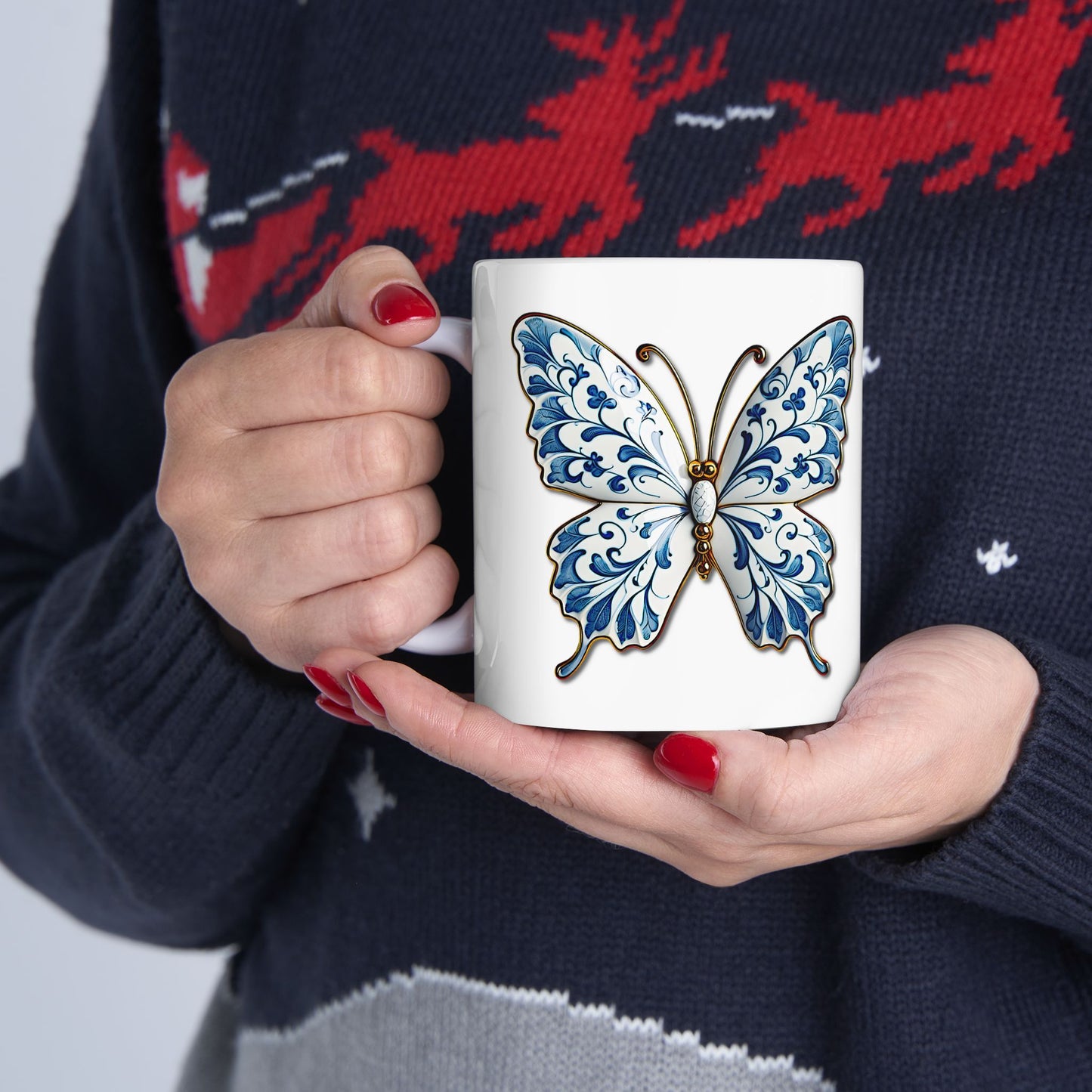 Blue Floral Butterfly Ceramic Mug — Decorative 11oz & 15oz Coffee Cup