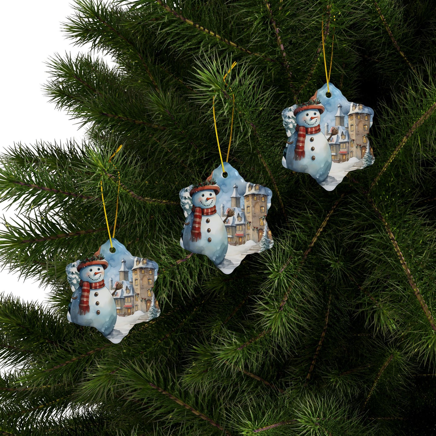 Snowman Village Ceramic Ornament — Double-Sided Christmas Tree Decoration
