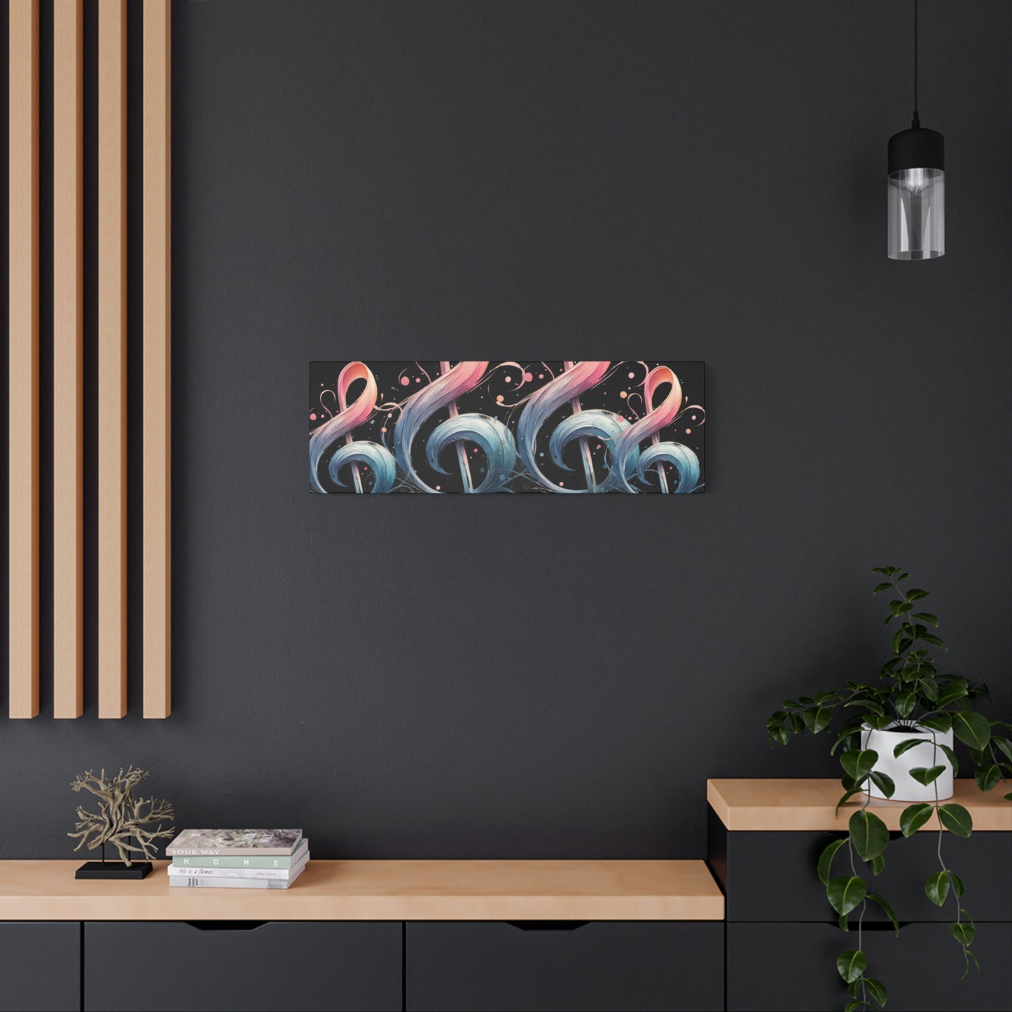 Musical Treble Clef Canvas Wall Art — Pastel Ribbon Notes on Black