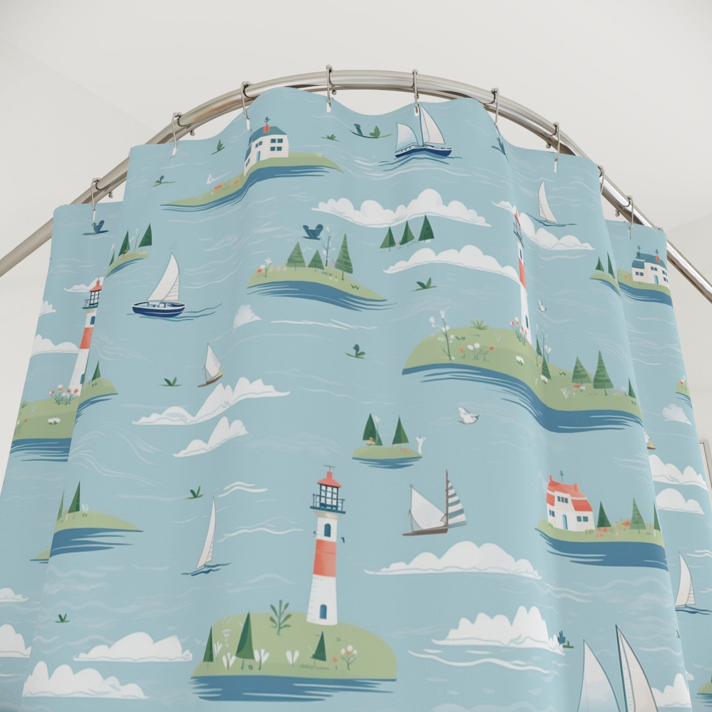 Coastal Lighthouse Shower Curtain — Nautical Island & Sailboat Bathroom Decor