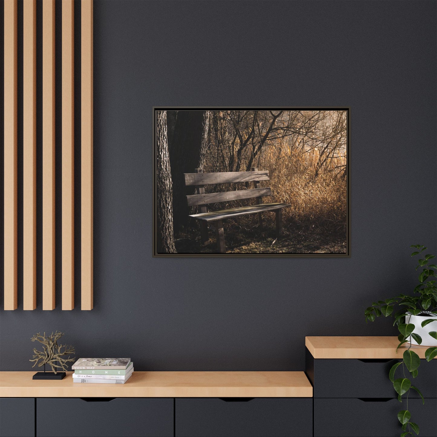 Framed Matte Canvas Print — Autumn Park Bench Photography