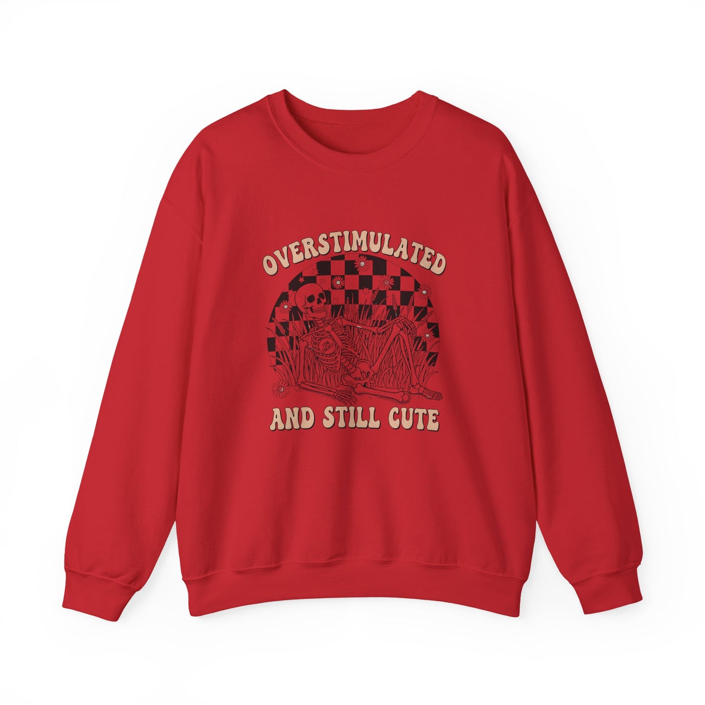 Sweatshirt — "Overstimulated and Still Cute" Skull Checkerboard Graphic Crewneck