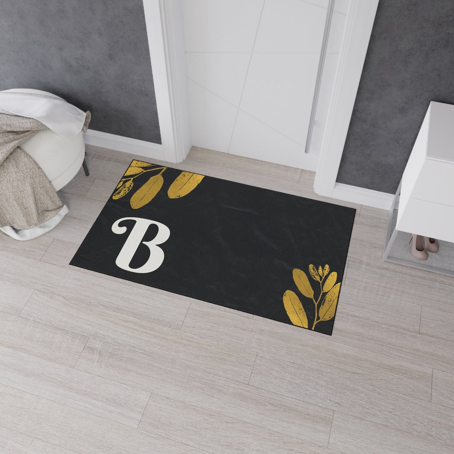 Monogram B Heavy Duty Floor Mat — Black & Gold Botanical Doormat