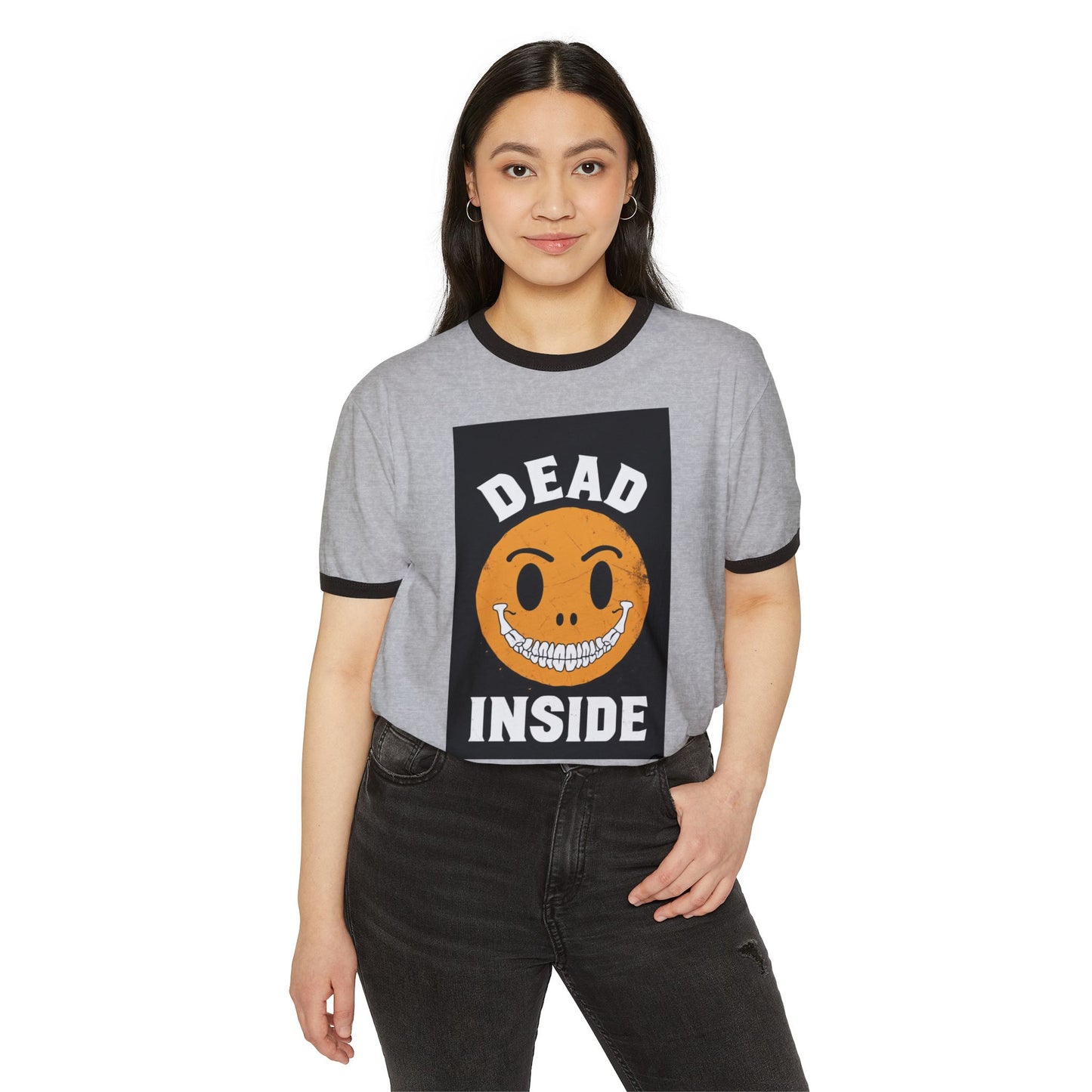 Ringer T-Shirt — 'Dead Inside' Grinning Smiley Graphic Tee