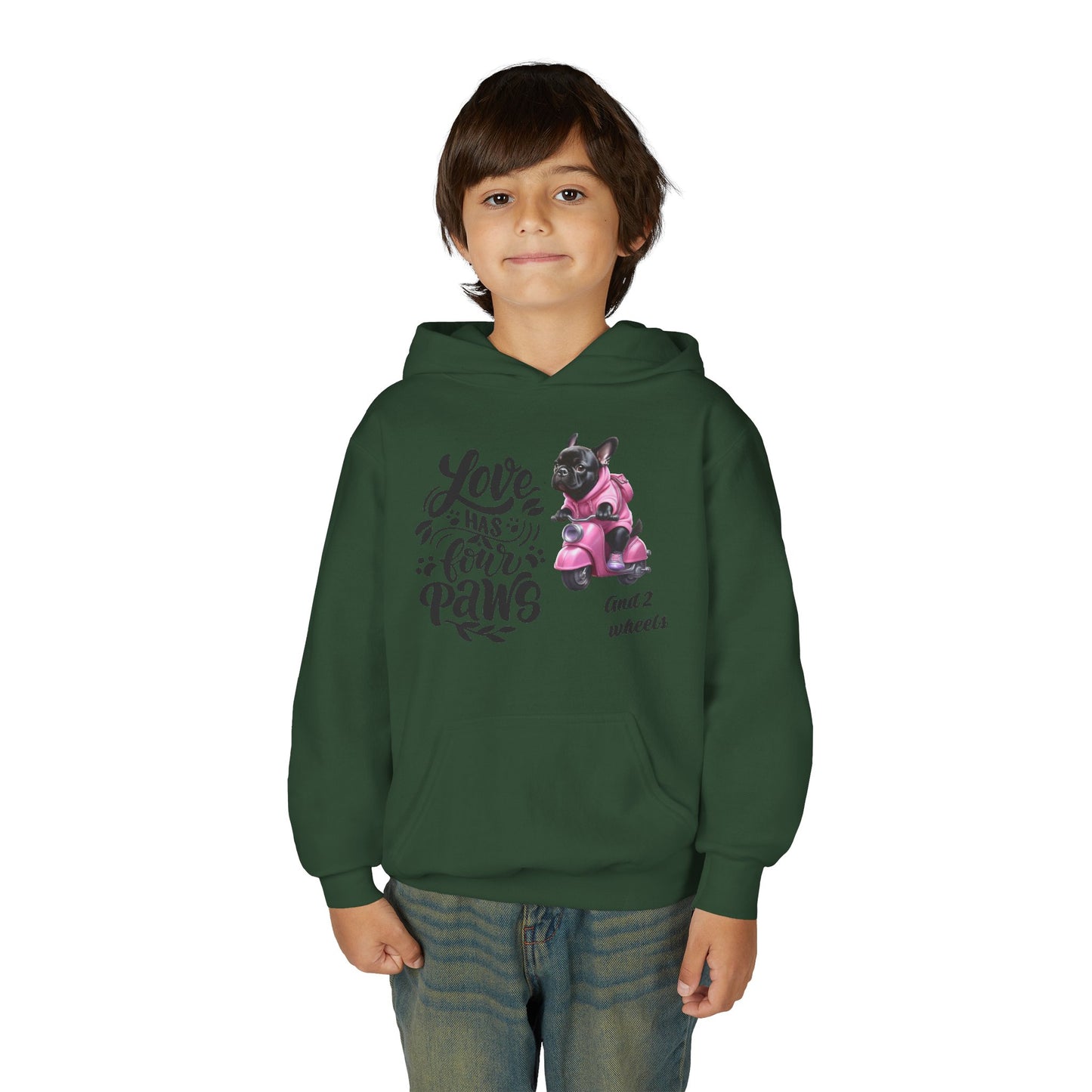 Youth Hoodie — "Love Has Four Paws" Pink Scooter French Bulldog Graphic