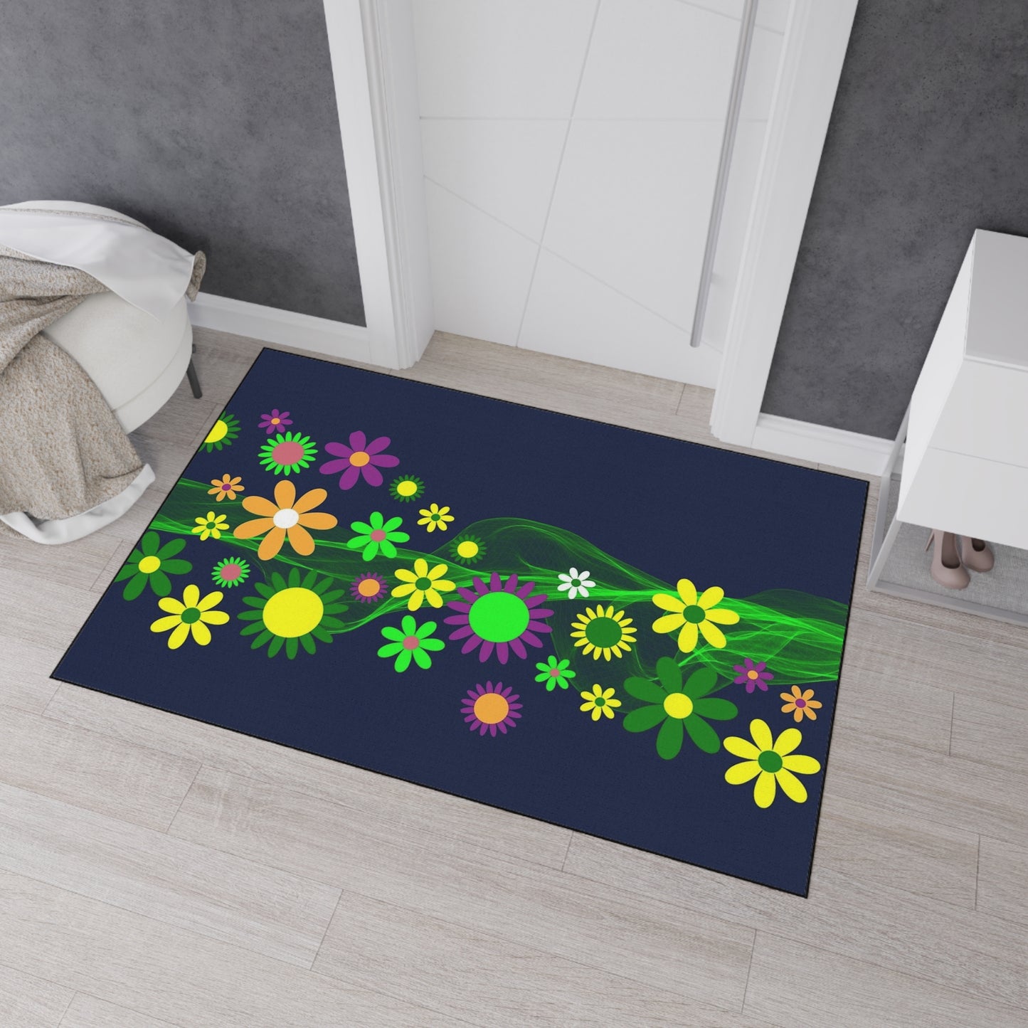 Floral Neon Wave Floor Mat — Heavy-Duty Non-Slip Entry Rug