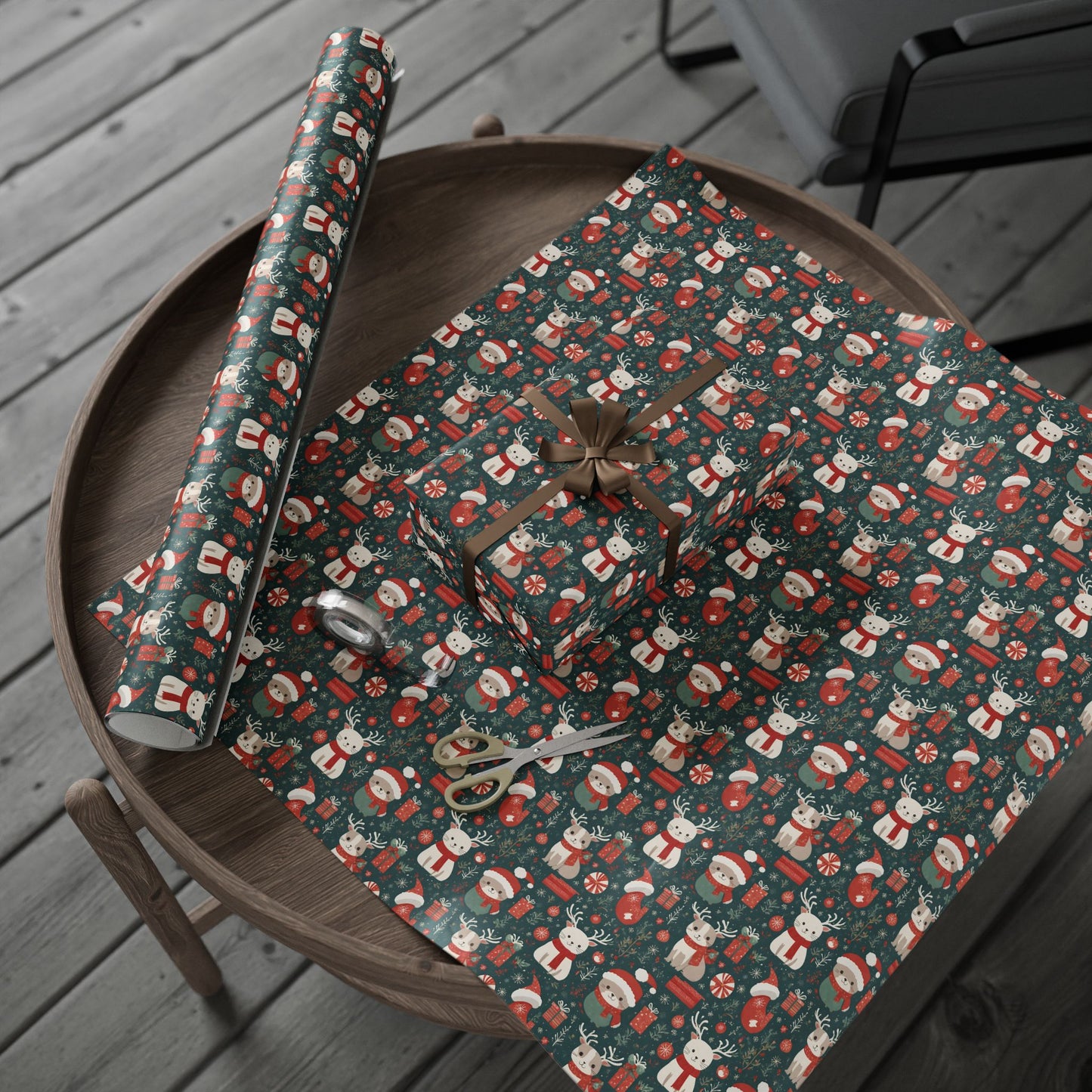 Christmas Wrapping Paper Roll — Cute Santa & Reindeer Pattern, Holiday Gift Wrap