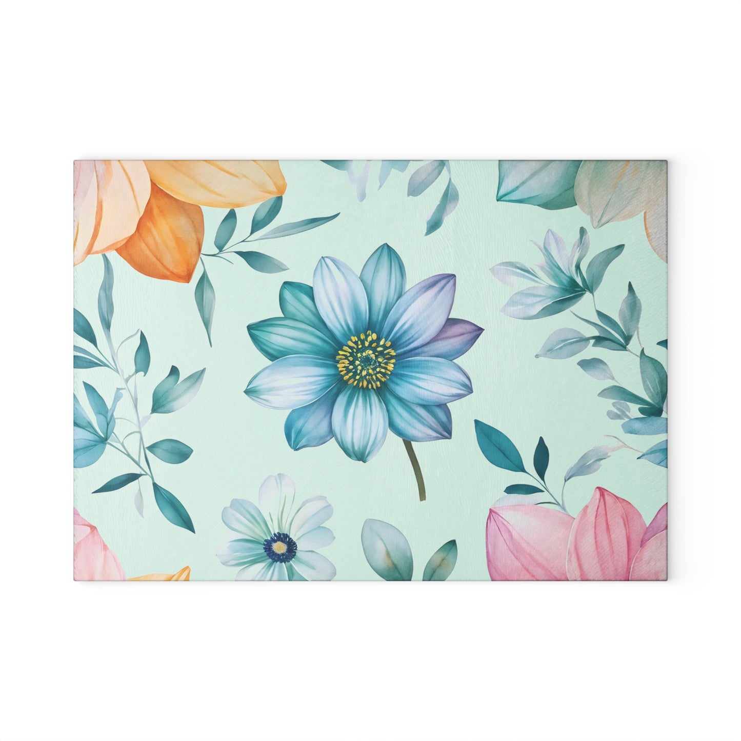 Floral Glass Cutting Board — Pastel Blue Watercolor Flowers