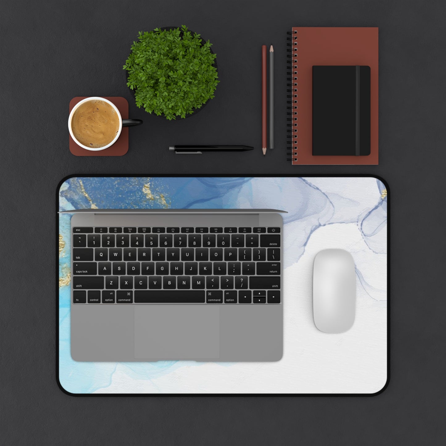 Ocean Blue Marble Desk Mat — Abstract Gold Accent Mouse Pad