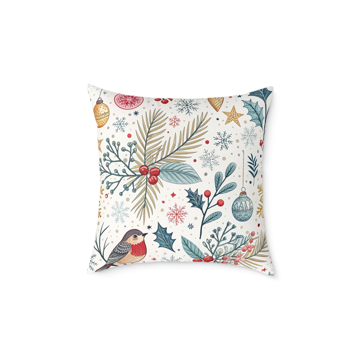 Festive Robin Holiday Pillow — Christmas Botanical Decorative Throw Pillow