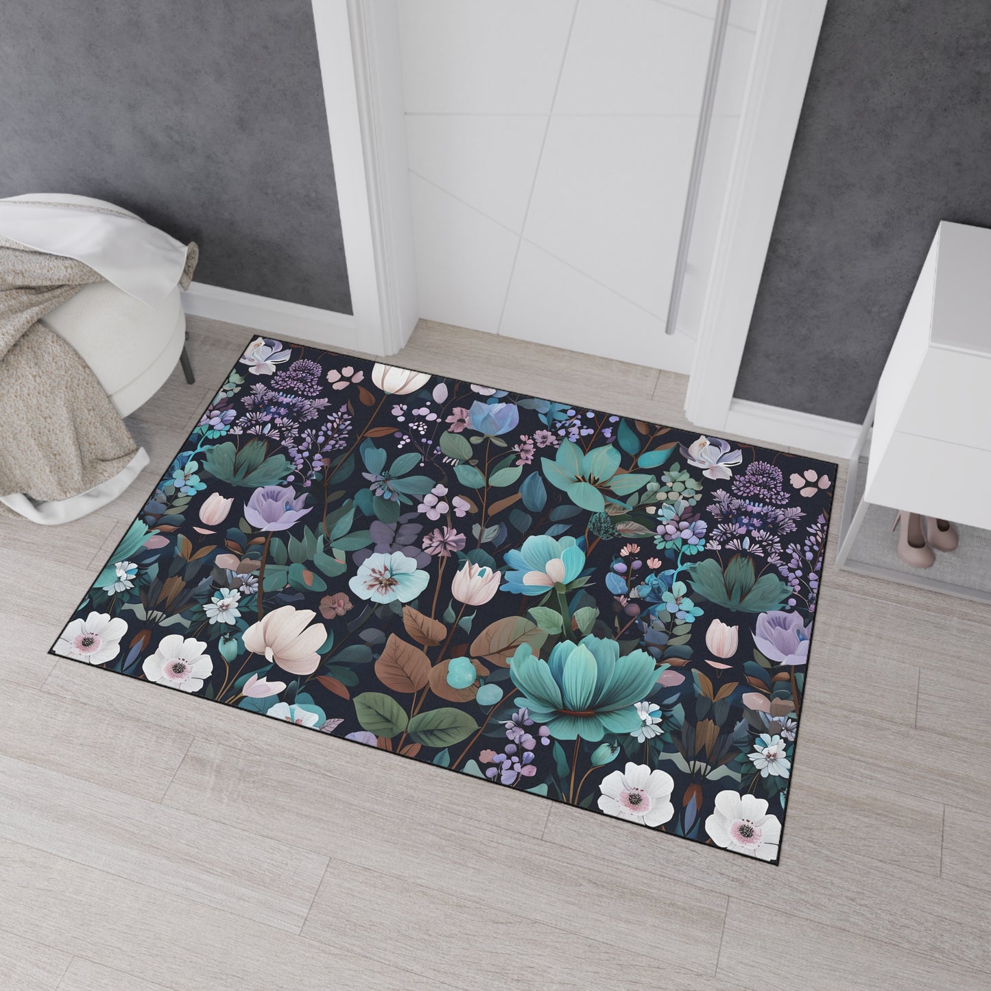 Floral Heavy Duty Floor Mat — Dark Botanical Non-Slip Door Rug