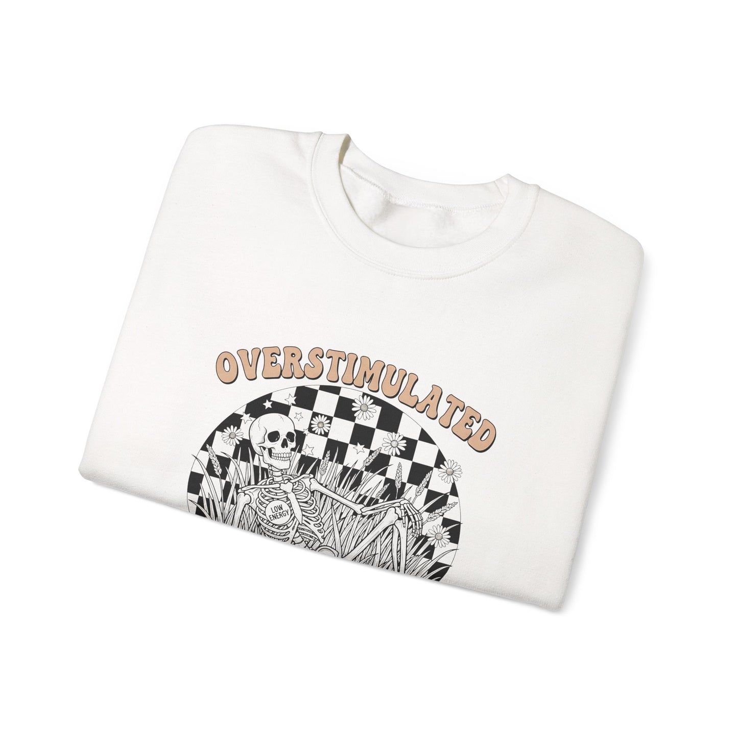 Sweatshirt — "Overstimulated and Still Cute" Skull Checkerboard Graphic Crewneck