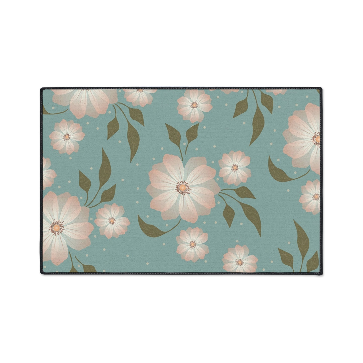 Floral Heavy-Duty Floor Mat — Teal Pastel Blossom Rug for Entryway & Kitchen