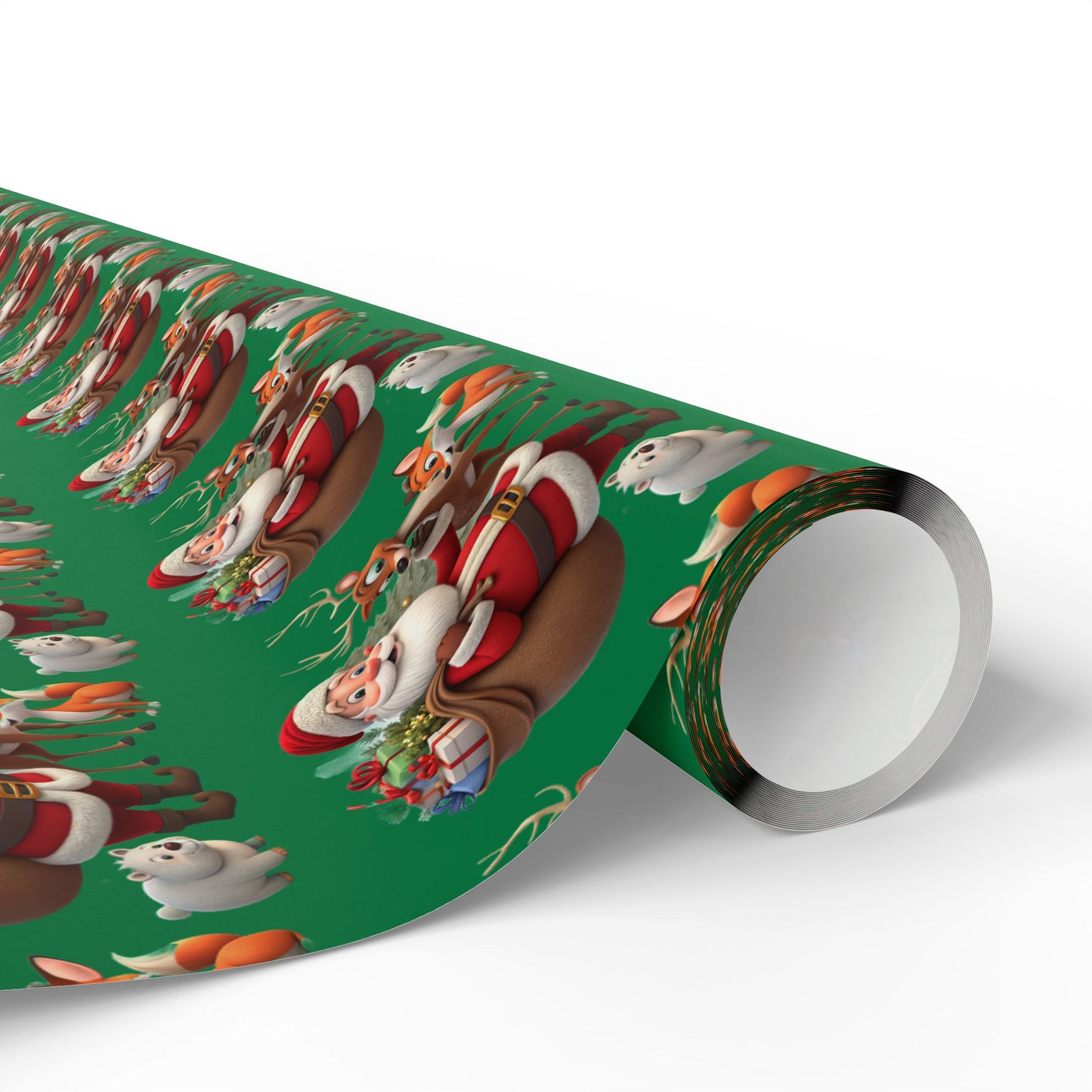 Christmas Santa & Reindeer Wrapping Paper Roll — Festive Green Holiday Gift Wrap