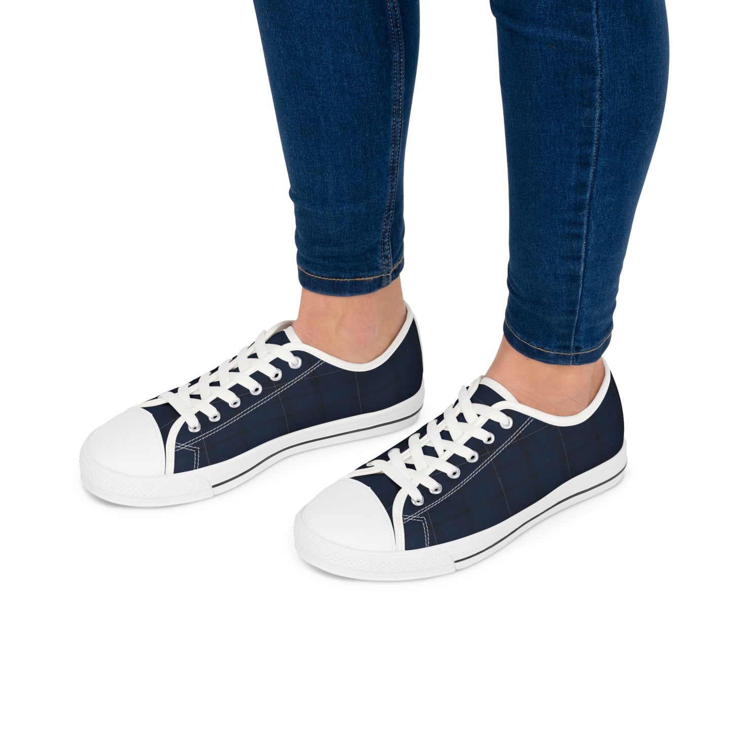 Navy Plaid Low Top Sneakers — Casual Classic Canvas Shoes