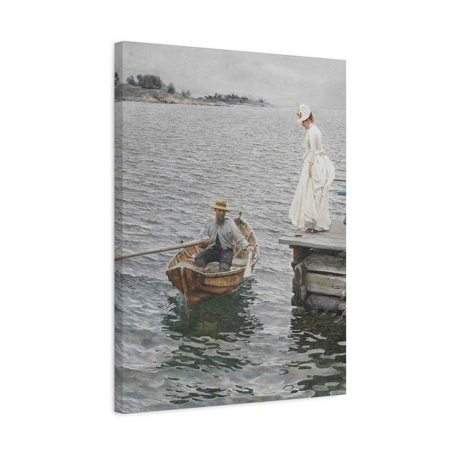 Seaside Stroll Canvas Print — Vintage Woman & Rowboat Matte Stretched Art 1.25"
