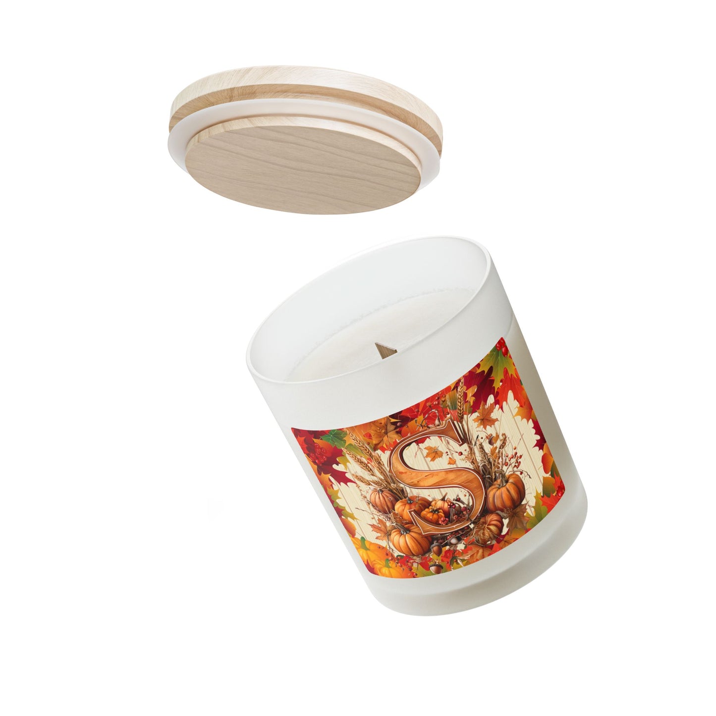 Autumn Monogram 'S' Frosted Glass Candle – Fall Pumpkin & Leaves 11oz