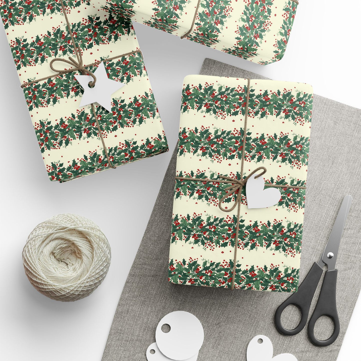 Holiday Pine Sprig Wrapping Paper Roll — Festive Green & Red Gift Wrap